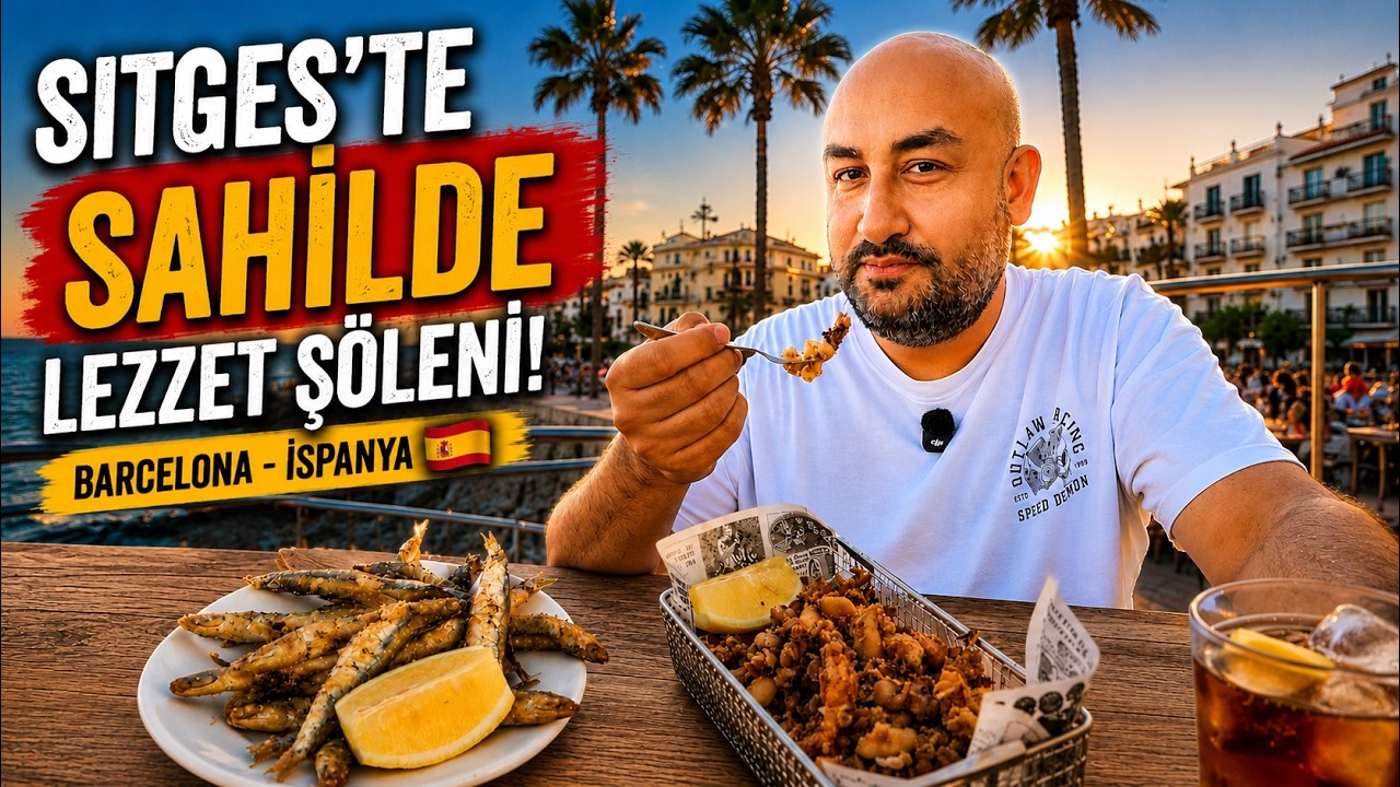 Probando marisco en la playa de Sitges